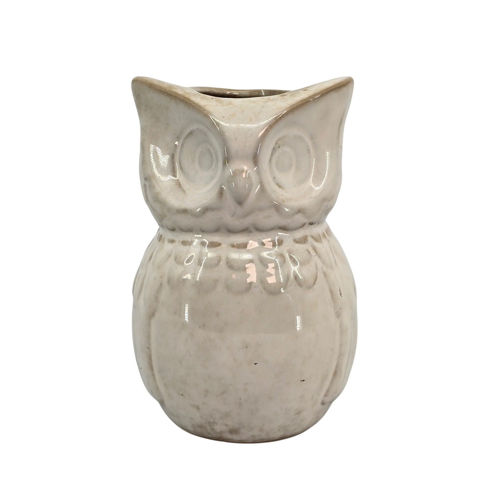 Vintage Style Ceramic Owl Figurine Bud Vase Cream‎ Beige Speckled Glaze 5 Inch